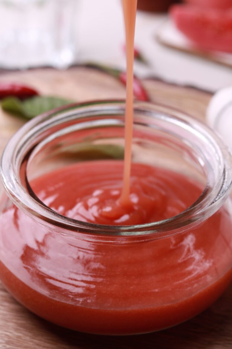 Pouring the warm guava jam into sterilized glass jars for storage