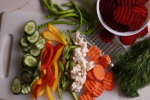 Fresh veggies sliced for pickling.