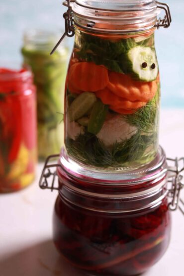 Preserving vibrant pickled veggies.