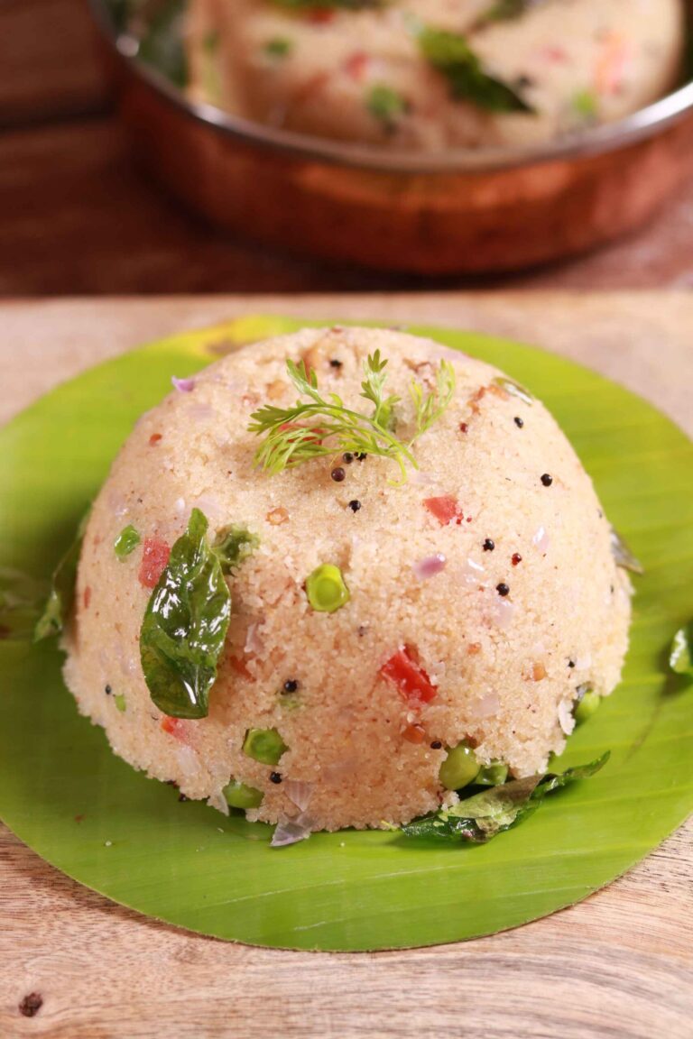 Hot, aromatic Rava Upma on banana leaf.