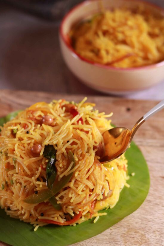 Vermicelli upma on banana leaf