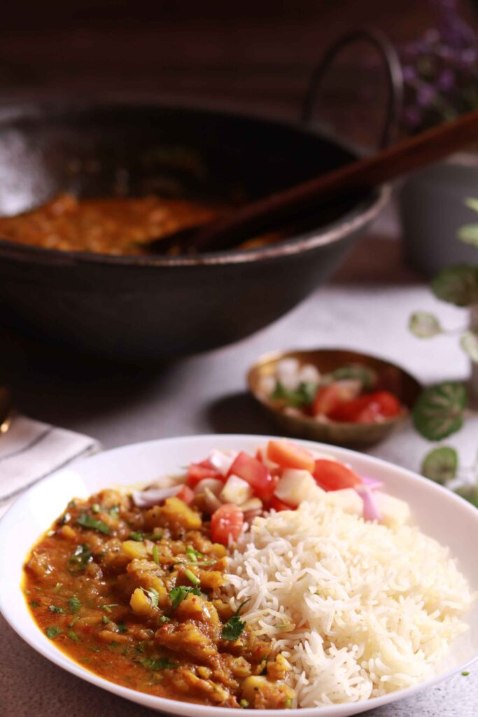 Potato curry with rice salad